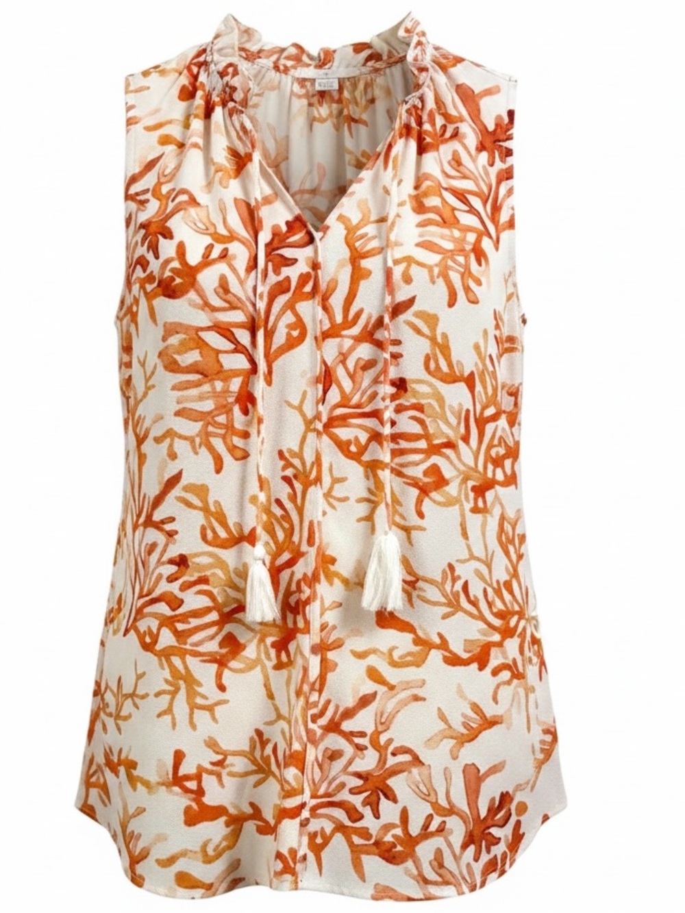 C&E Lifestyle Orange Coral Reef Print Tassel sleeveless Blouse 1X Rare